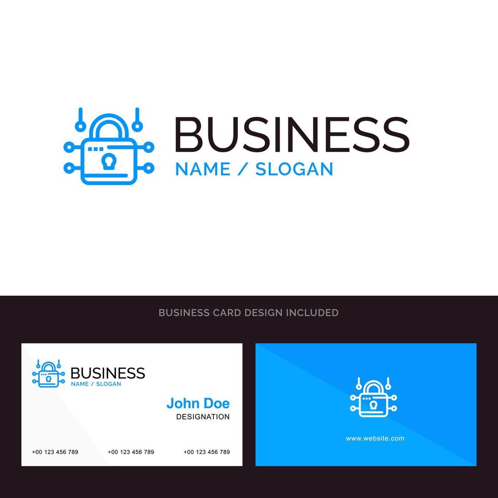 bloqueio de segurança bloqueado logotipo comercial azul seguro e modelo de cartão de visita design frontal e traseiro vetor