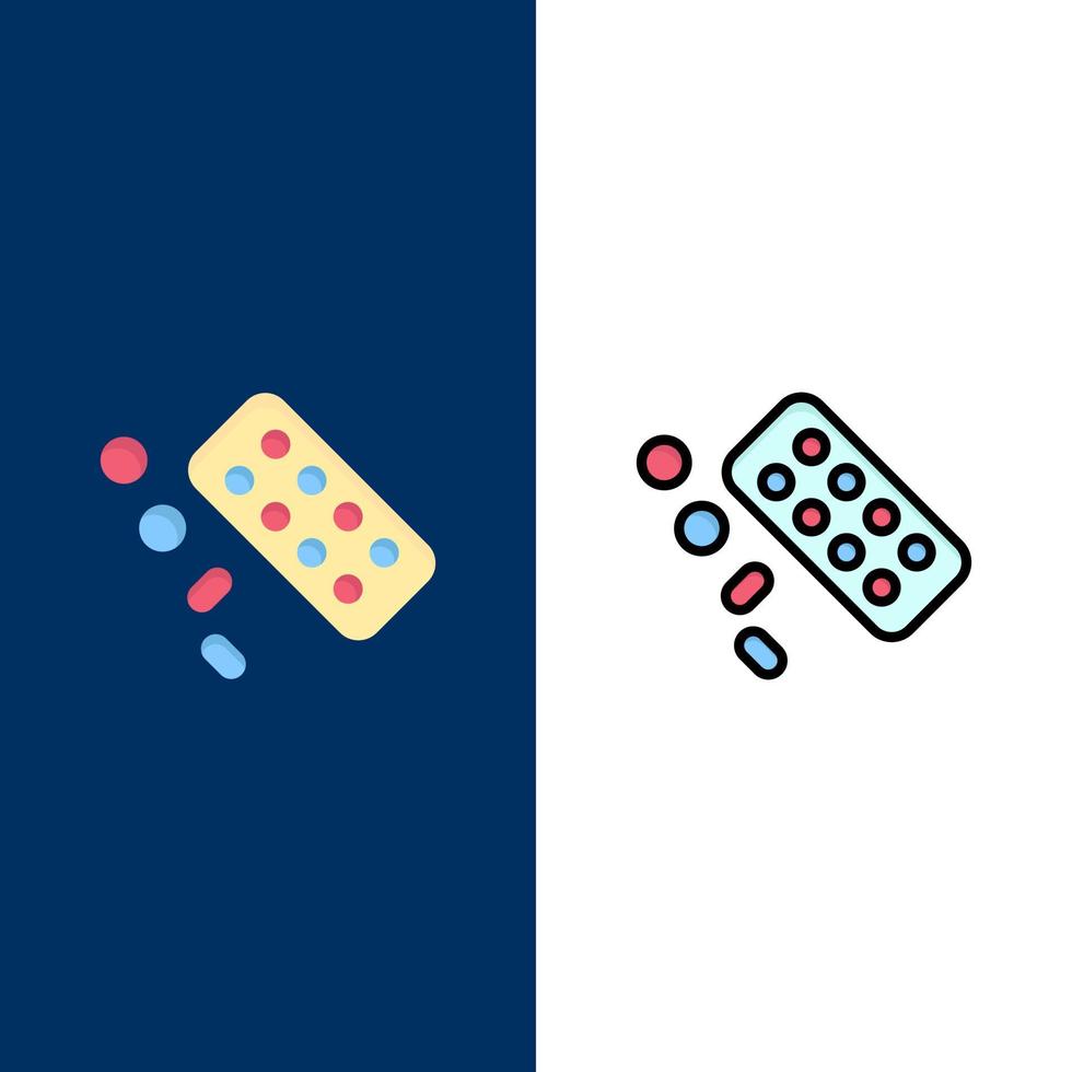 ícones de tratamento de comprimido de remédio plano e conjunto de ícones cheios de linha vector fundo azul