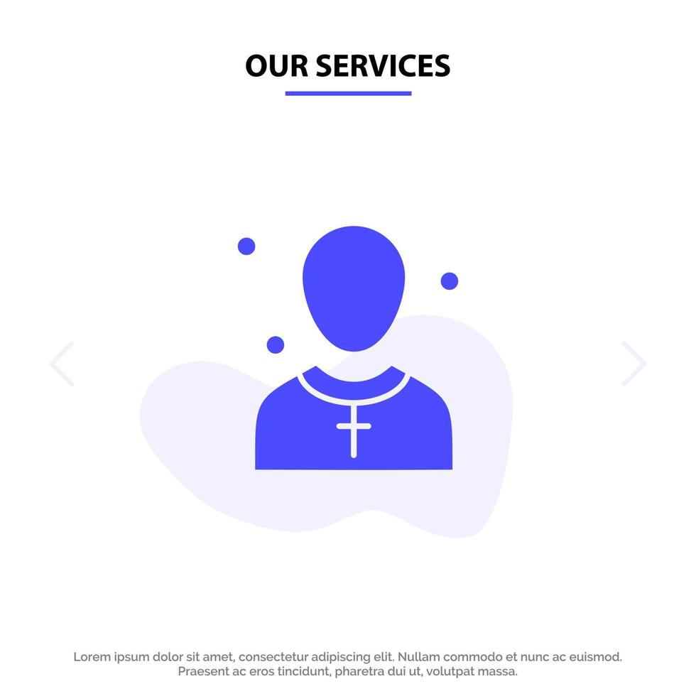 nossos serviços igreja cristã homem pregador homem pregador sólido ícone de glifo modelo de cartão web vetor