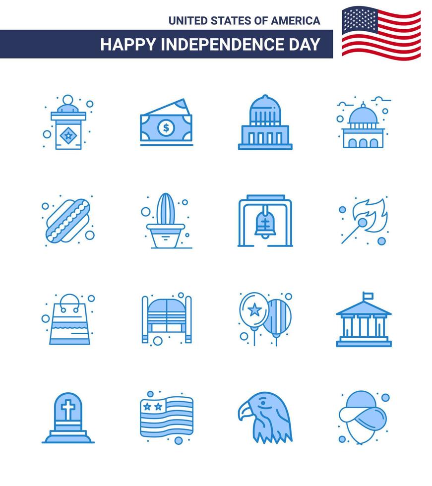 conjunto moderno de 16 azuis e símbolos no dia da independência dos eua, como a construção de marcos americanos dos eua, construção editável dos elementos de design do vetor do dia dos eua