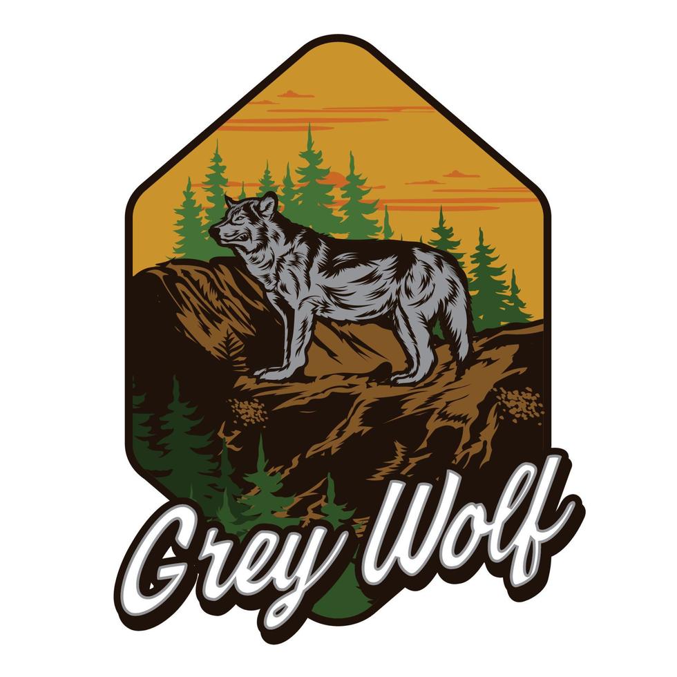ilustração vetorial de lobo cinza com pinheiro na montanha, perfeita para design de camiseta e design de logotipo de clube de aventura vetor