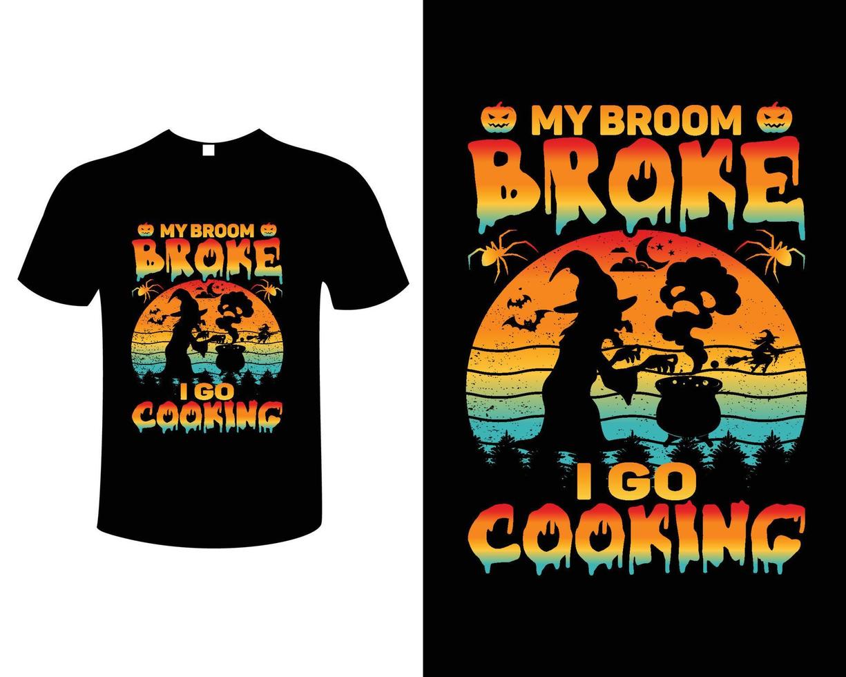 modelo de ilustração vetorial de design de camiseta de culinária de halloween com tema de lua e vaia de bruxa de abóbora vetor