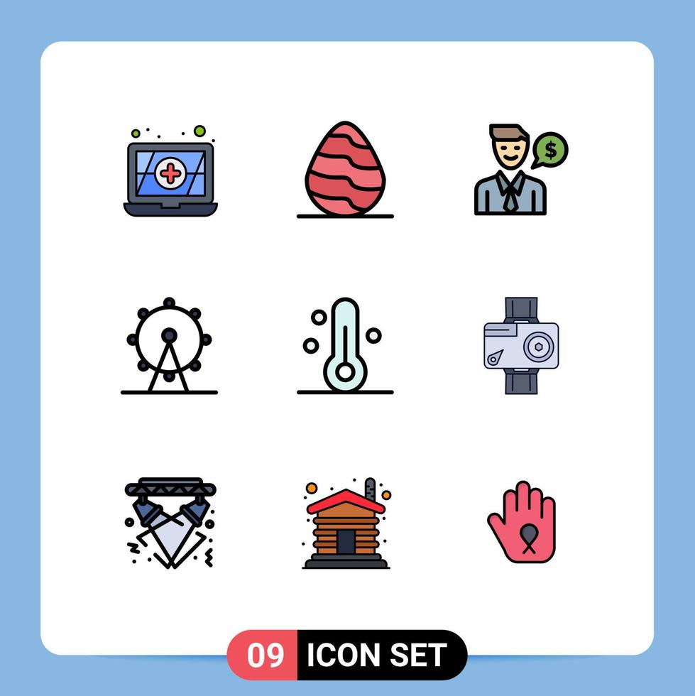 pacote de 9 sinais e símbolos modernos de cores planas de linha preenchida para mídia impressa na web, como termômetro de câmera, cifrão, elementos de design de vetores editáveis