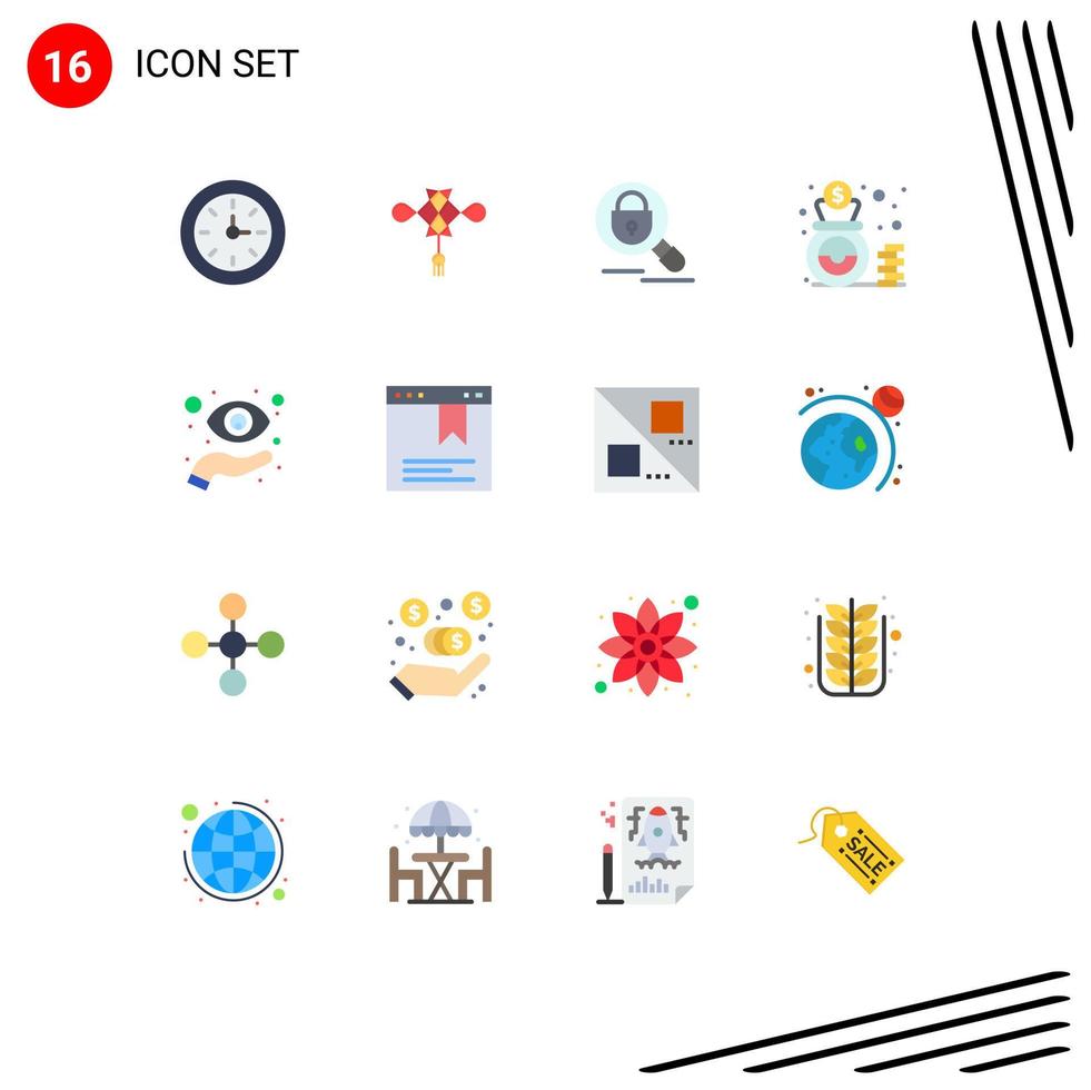 Pacote de cores planas de 16 interfaces de usuário de sinais e símbolos modernos de pesquisa de olho de mão pacote editável de finanças de dinheiro de elementos de design de vetores criativos