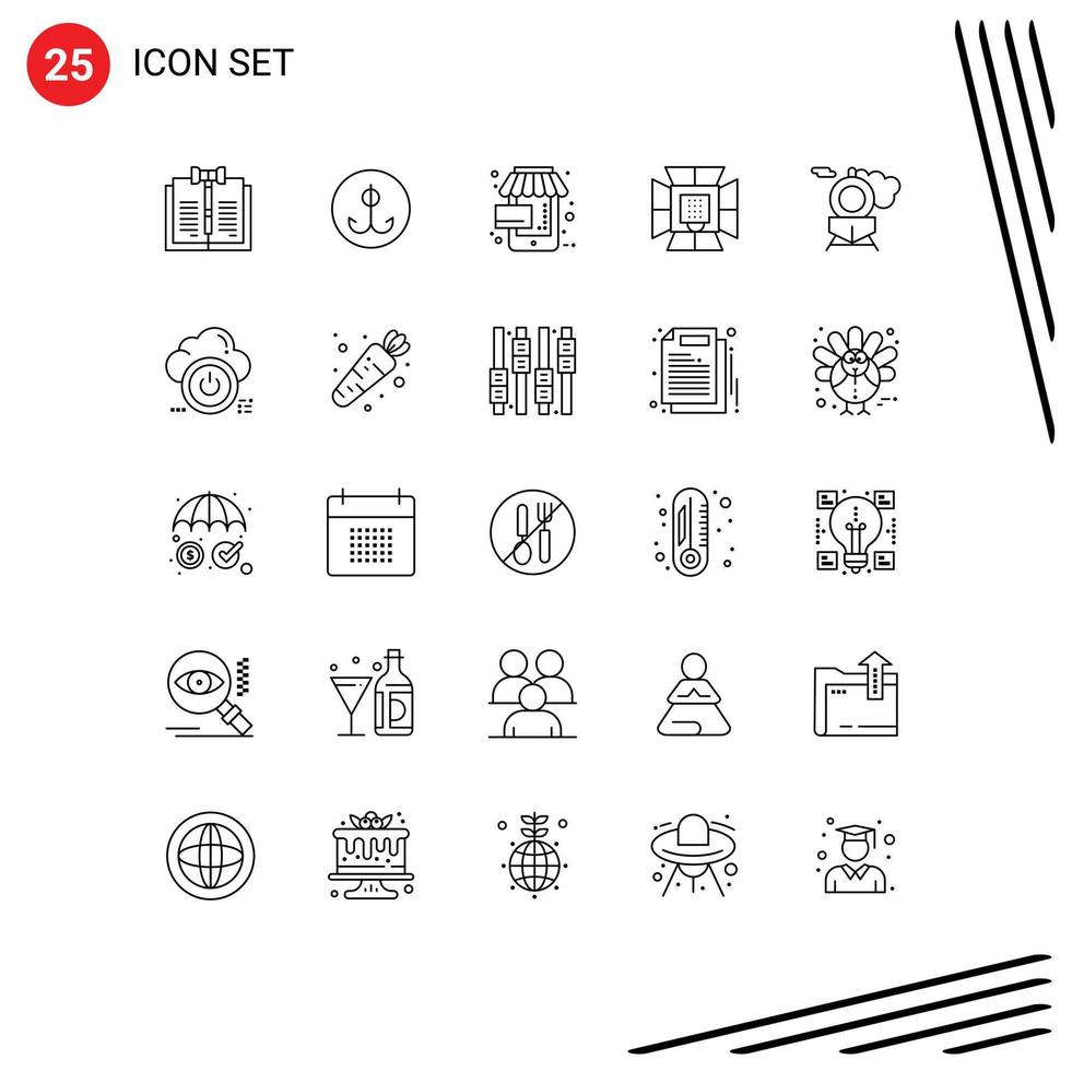 25 ícones criativos, sinais e símbolos modernos de iluminação de softbox, luz esportiva, elementos de design de vetores editáveis on-line