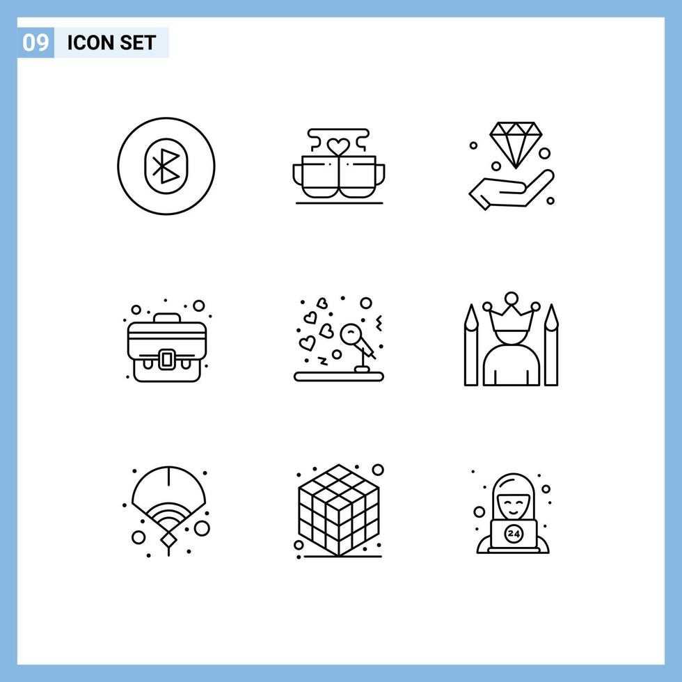 9 ícones criativos, sinais modernos e símbolos de coração de negócios de mala investem elementos de design de vetores editáveis