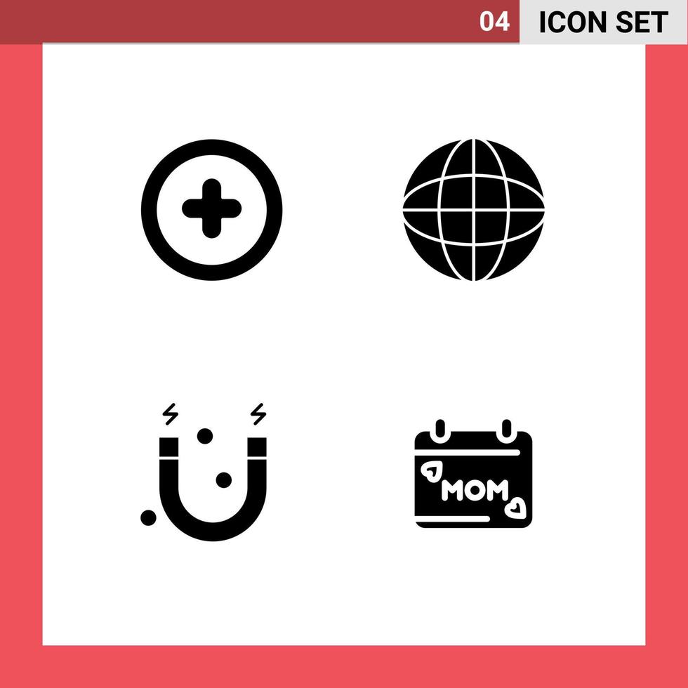 pacote de glifo sólido de 4 símbolos universais de elementos de design de vetores editáveis de dia de multimídia de ciência de mídia