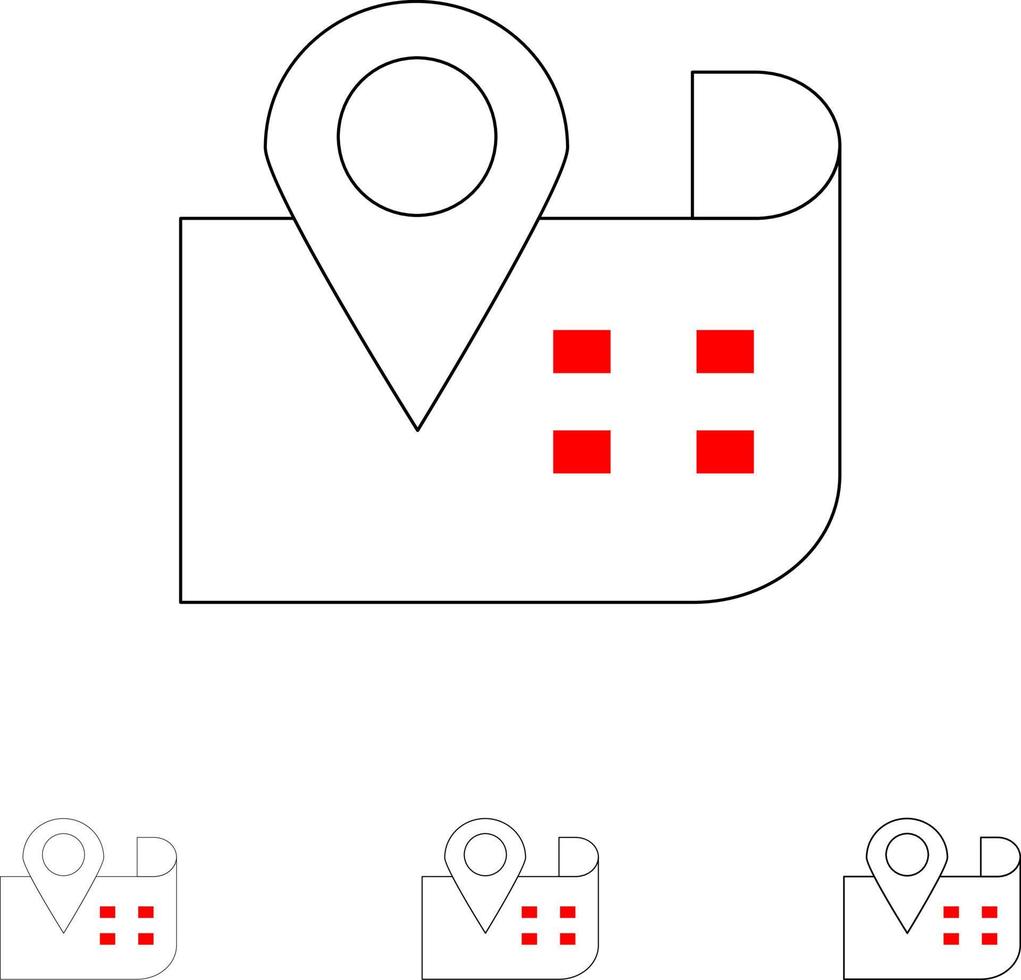 local de navegação do mapa conjunto de ícones de linha preta em negrito e fino vetor