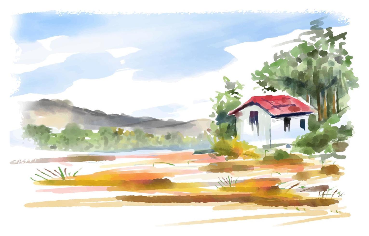 pequena casa na bela paisagem, aquarela vetor