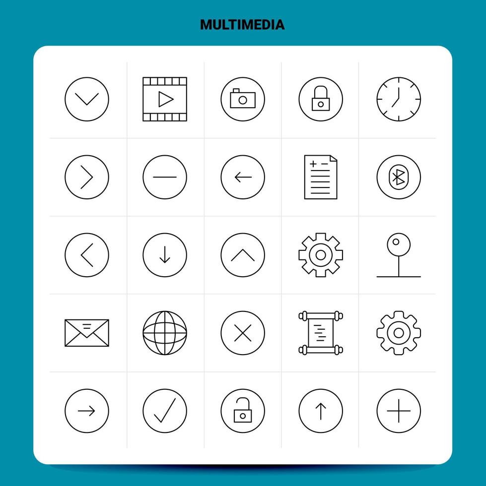 delinear 25 conjunto de ícones multimídia vetor design de estilo de linha ícones pretos conjunto de pictograma linear pacote de ideias de negócios móveis e web design ilustração vetorial