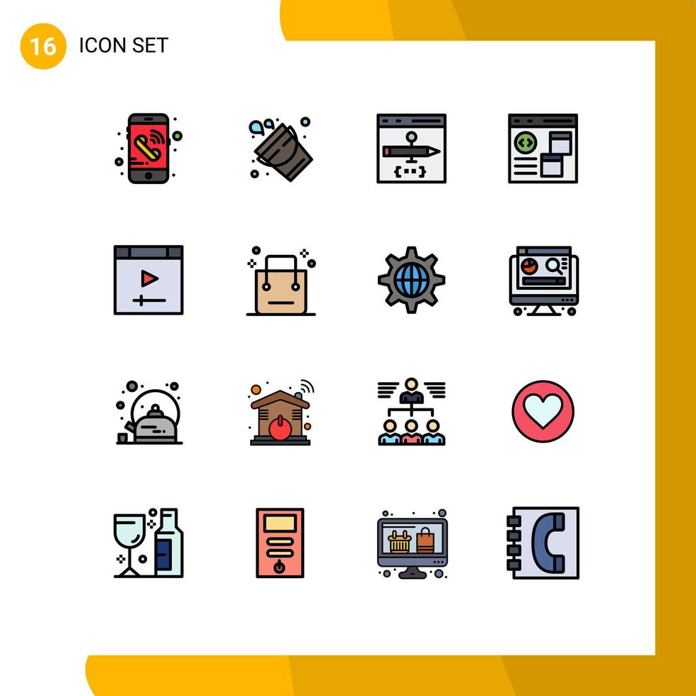 pacote de linha preenchida de cor plana de 16 símbolos universais de aplicativo de página de navegador de site de carrinho elementos de design de vetor criativo editáveis