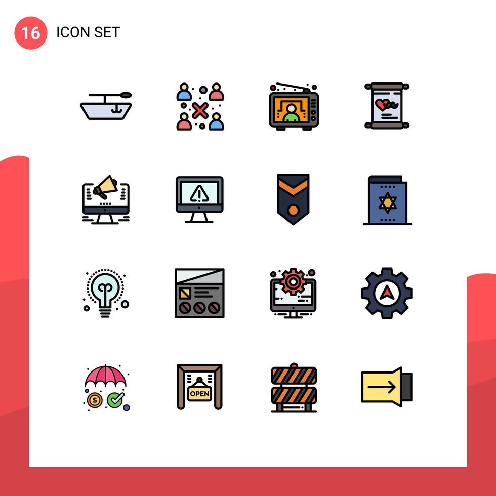 conjunto de linha preenchida de cor plana de interface móvel de 16 pictogramas de elementos de design de vetor criativo editáveis de dia de site de usuário da web de oferta