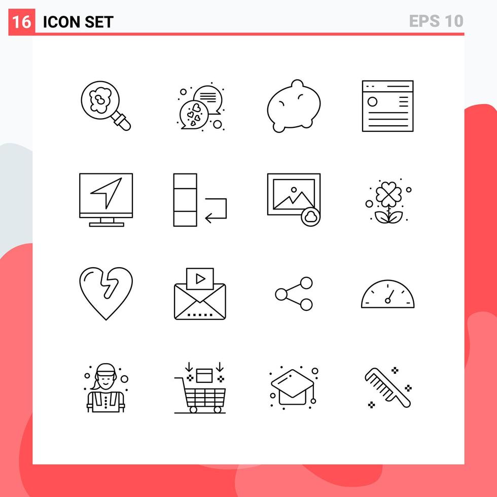 16 sinais de contorno universal símbolos de interface de usuário de batata de comunicação por e-mail elementos de design de vetores editáveis