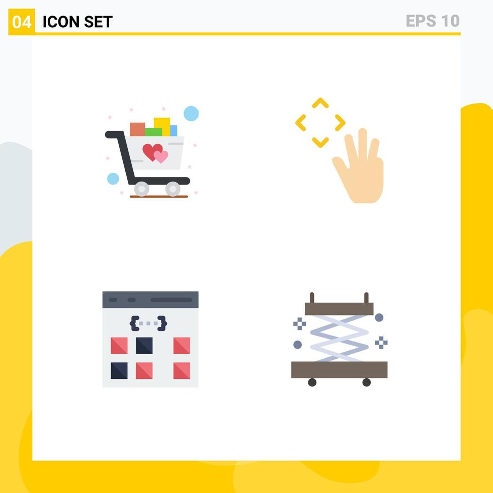 conjunto de pictogramas de 4 ícones planos simples de carrinho de codificação de carrinho para desenvolvimento de elementos de design de vetores editáveis