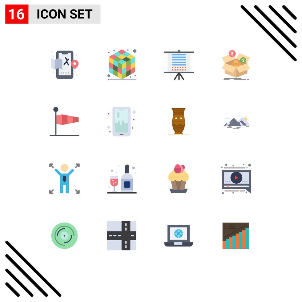 16 símbolos de sinais de cores planas universais de pacote editável de caixa de dinheiro de dados de crescimento de sopro de elementos de design de vetores criativos