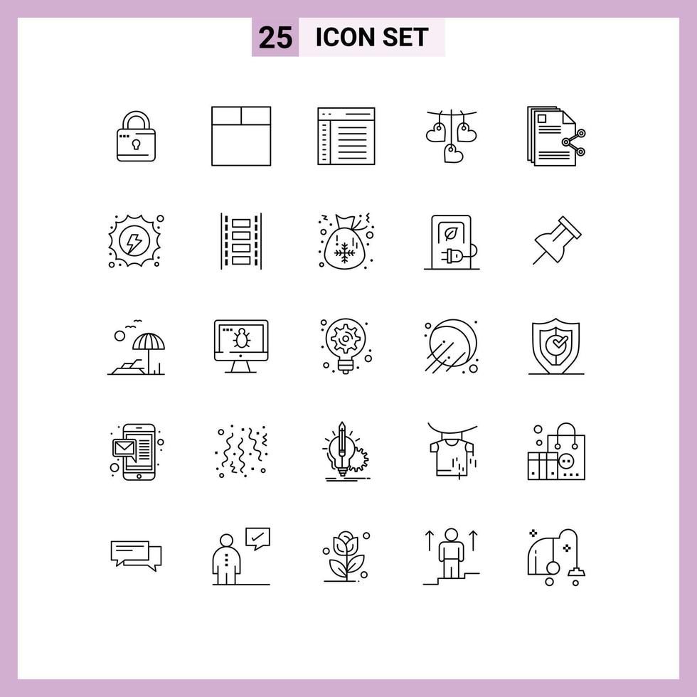 grupo de símbolos de ícone universal de 25 linhas modernas de compartilhamento de comunicação de conteúdo pendurado elementos de design de vetores editáveis dos namorados