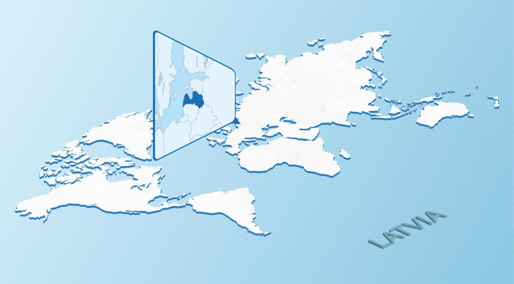 mapa-múndi em estilo isométrico com mapa detalhado da Letônia. mapa da letônia azul claro com mapa-múndi abstrato. vetor