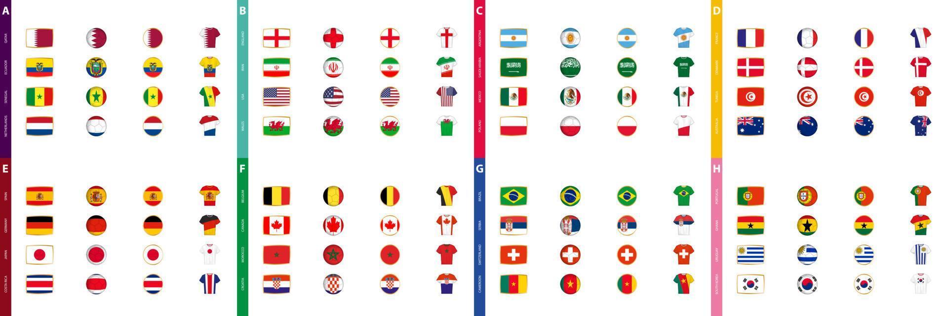 coleção de bandeiras de torneios de futebol, um grande conjunto de bandeiras classificadas por grupo de competição de futebol. vetor