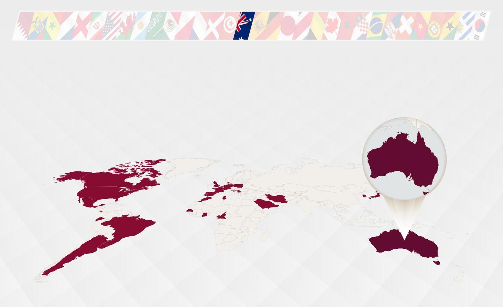 ampliar o mapa da austrália selecionado no mapa-múndi em perspectiva, infográficos sobre os participantes do torneio de futebol. vetor