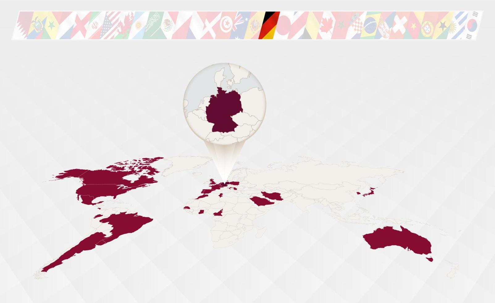 ampliar o mapa da alemanha selecionado no mapa mundial em perspectiva, infográficos sobre os participantes do torneio de futebol. vetor