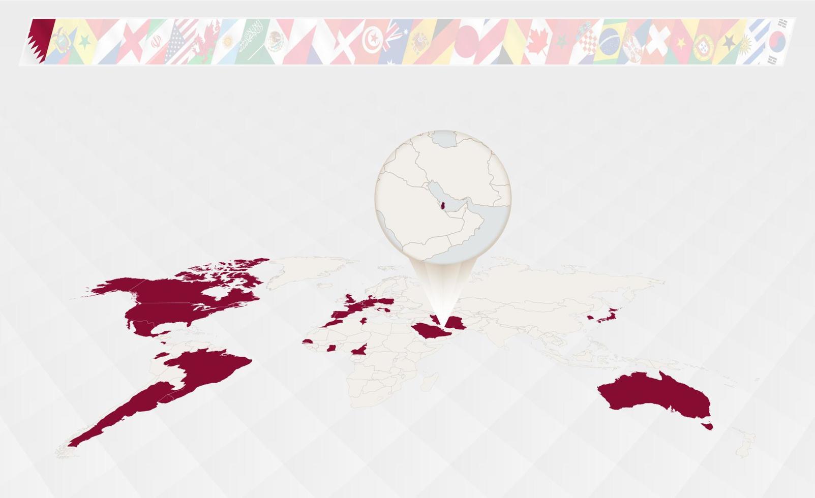 ampliar o mapa do qatar selecionado no mapa mundial em perspectiva, infográficos sobre os participantes do torneio de futebol. vetor