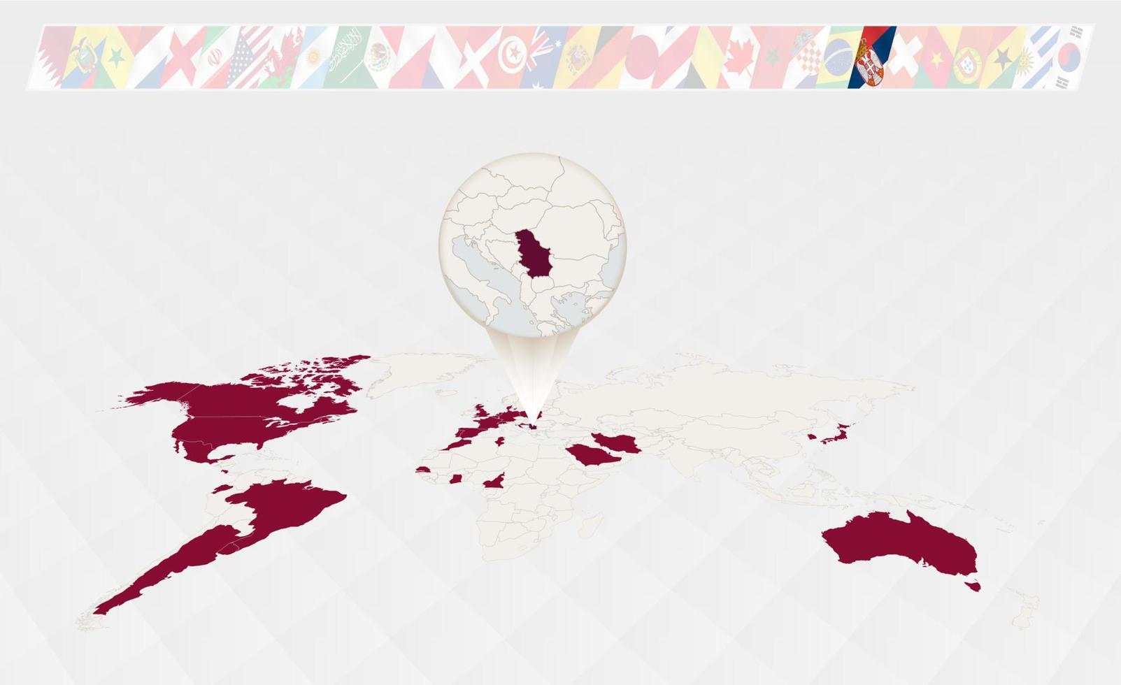 ampliar o mapa da sérvia selecionado no mapa mundial em perspectiva, infográficos sobre os participantes do torneio de futebol. vetor