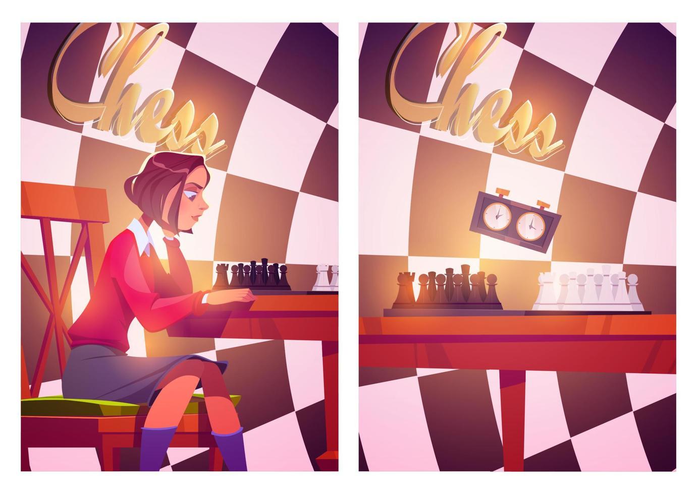 cartazes de xadrez com menina jogando xadrez vetor
