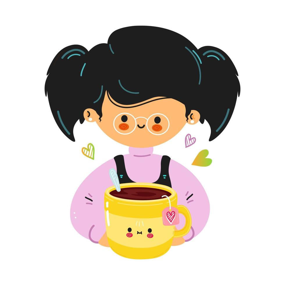 garota engraçada segura xícara de chá amarela na mão. menina abraça linda xícara amarela de chá. vetor mão desenhada doodle estilo cartoon personagem ilustração ícone design. isolado no fundo branco