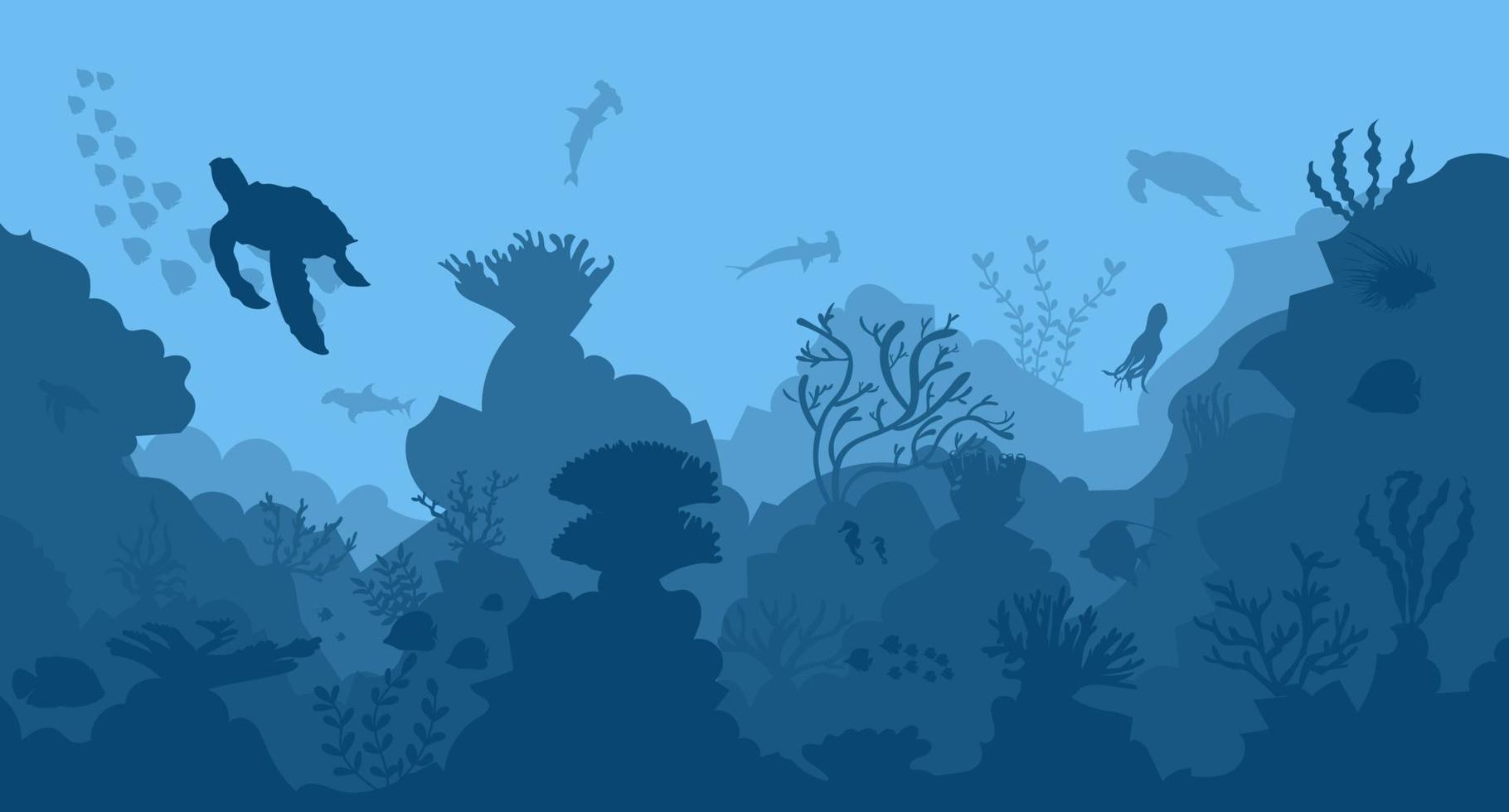 silhueta de recifes de corais com peixes no fundo do mar azul ilustração vetorial subaquática vetor