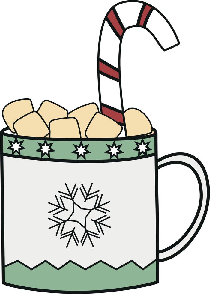 xícara de cacau com marshmallows e doces, desenho de mão, desenho de contorno, bebida de natal vetor