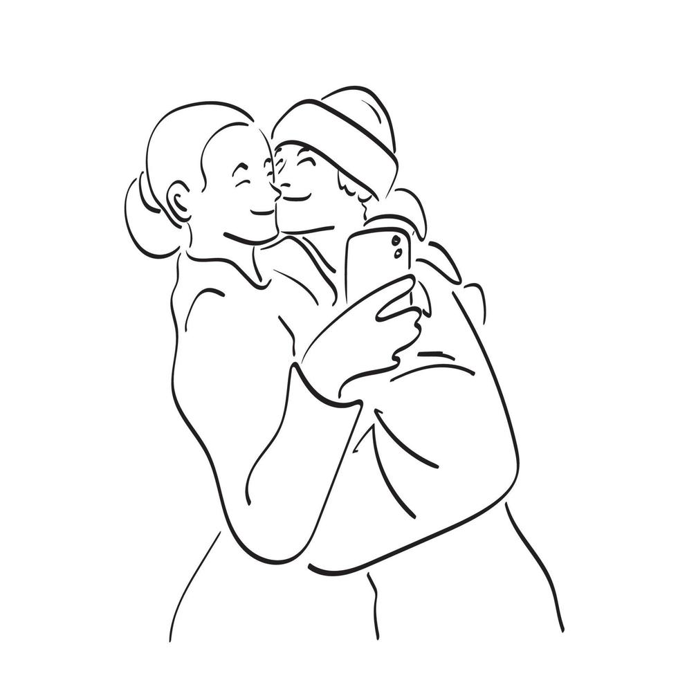 arte de linha jovem casal feliz apaixonado fazendo selfie ilustração vetorial desenhado à mão isolado no fundo branco vetor