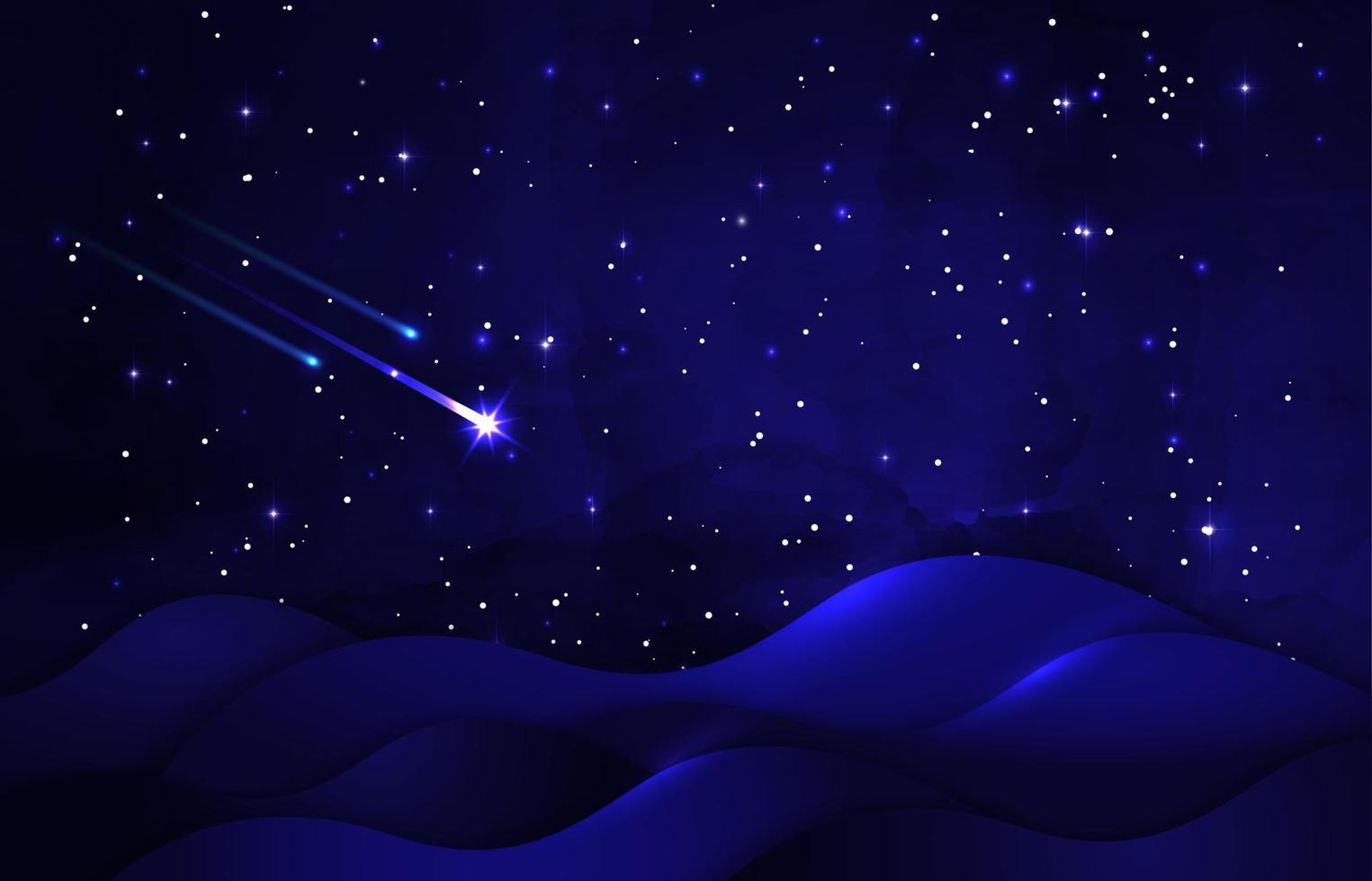 fundo de estrelas cadentes, paisagem de estrela cadente com céu estrelado azul escuro, cenário de dunas na noite de natal para o nascimento de jesus cristo. ilustração vetorial para banner, brochura, modelo vetor