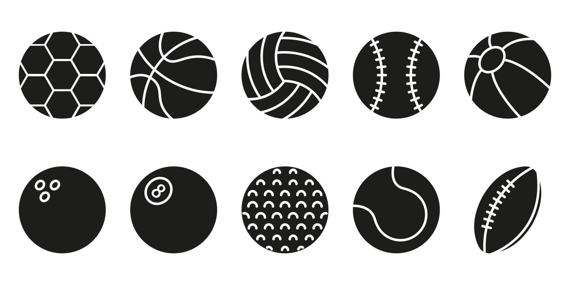 coleção de bolas para basquete, beisebol, tênis, rugby, futebol, vôlei, golfe, piscina, pictograma de boliche. conjunto de ícone de bolas de jogo de esporte. bola inflável, símbolo de softbol. ilustração vetorial. vetor