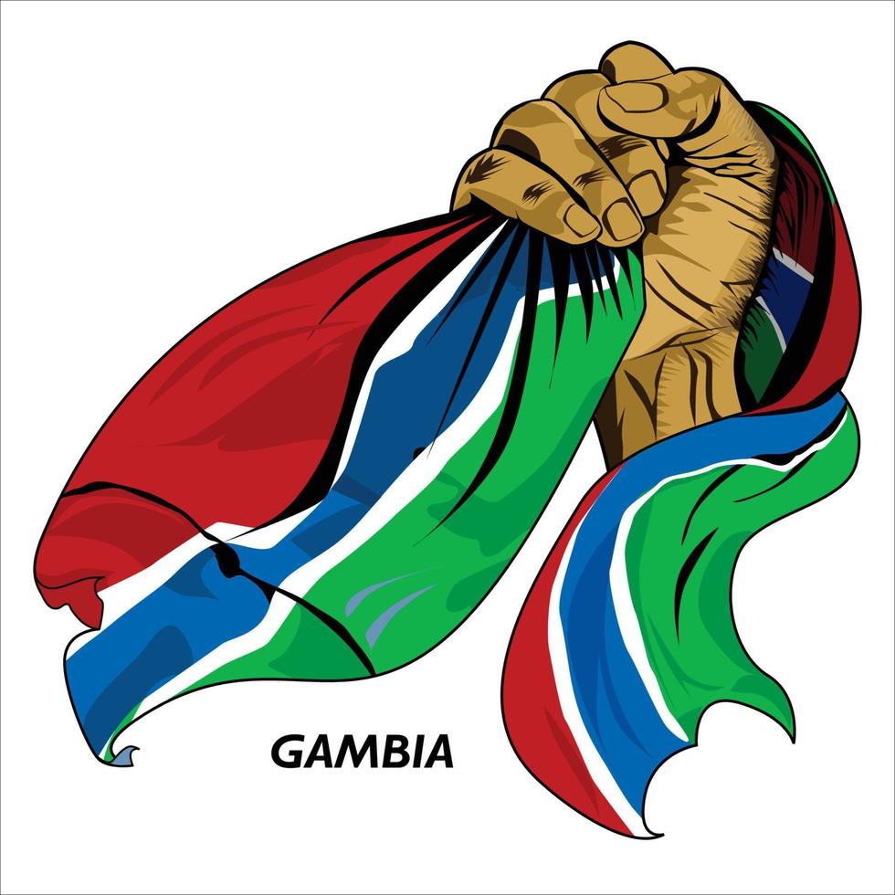 punho cerrado segurando a bandeira da Gâmbia. ilustração em vetor de mão levantada agarrando a bandeira. bandeira drapejando ao redor da mão. formato eps escalável