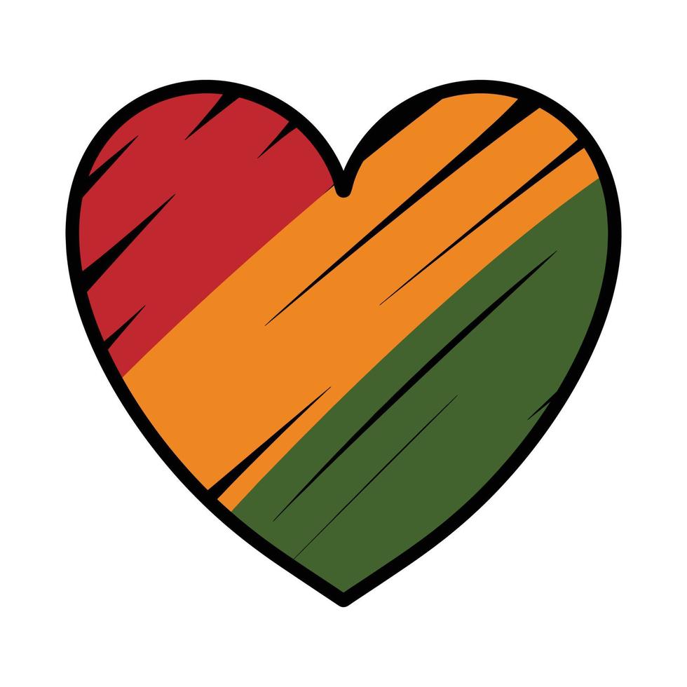 símbolo do coração com traço desenhado à mão, 3 listras cores da bandeira africana - vermelho, amarelo, verde. adesivo bonito, elemento de design para kwanzaa, junho, mês da história negra vetor