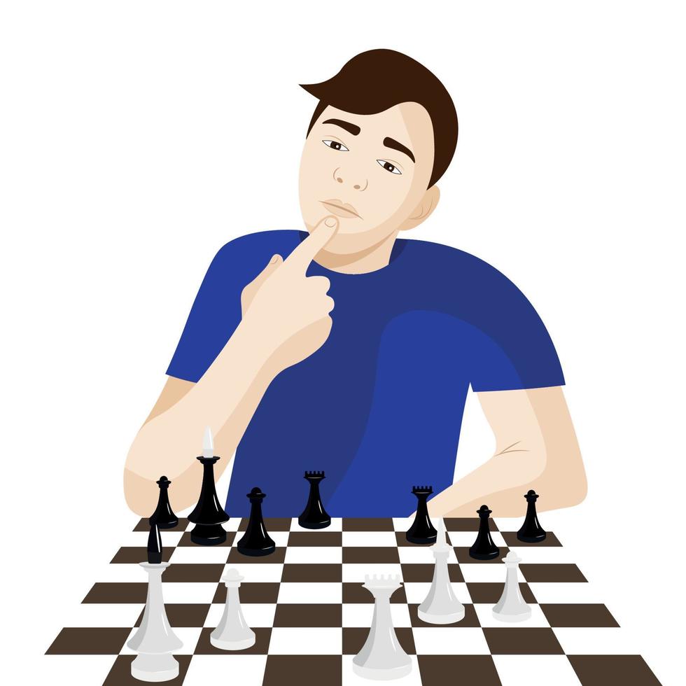 o cara fica pensando no tabuleiro de xadrez, toca o queixo com o dedo indicador, vetor plano, isolado no branco