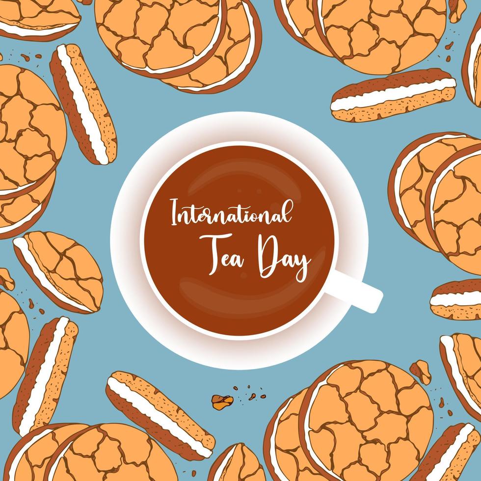 banner do dia do chá com caneca de chá e biscoitos, dia internacional do chá, folhas de doodle botânico. vetor