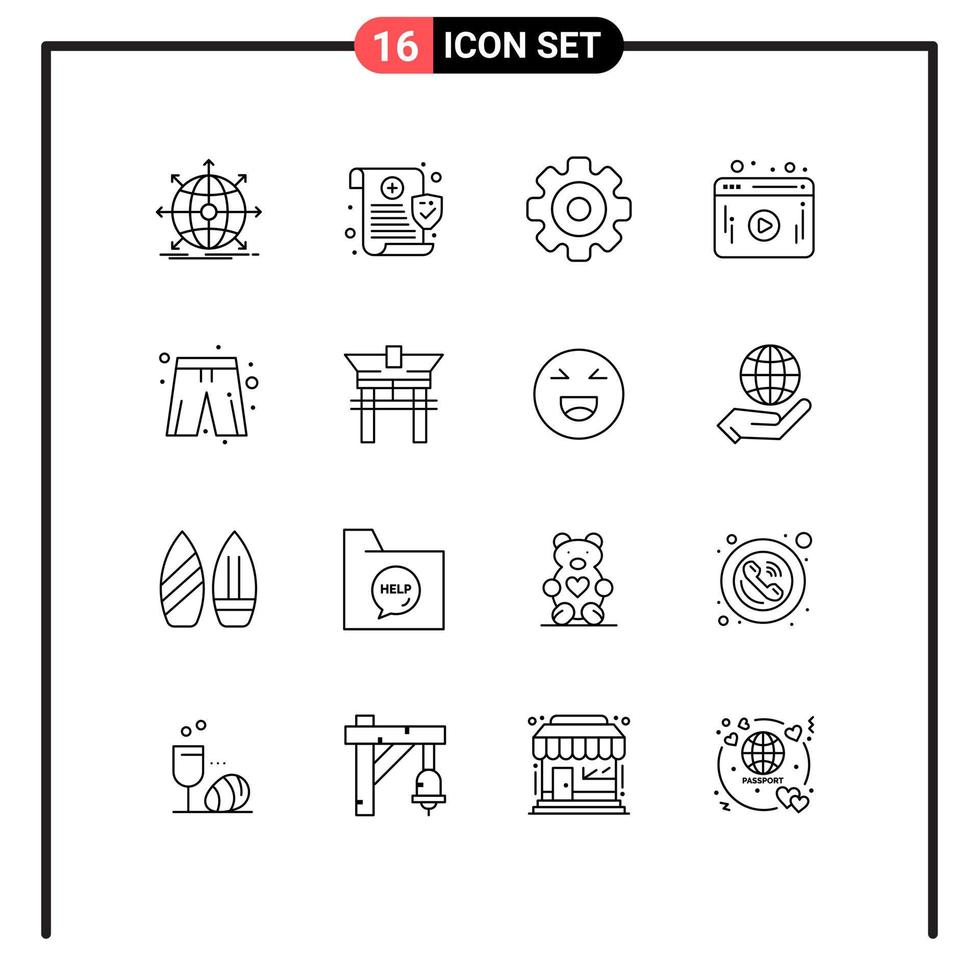 conjunto moderno de 16 contornos e símbolos, como elementos de design de vetores editáveis de multimídia de segurança de jogador de roupas