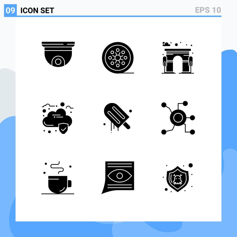 9 glifos sólidos universais definidos para aplicações web e móveis carretel de fita de dados de sorvete porta de nuvem elementos de design de vetores editáveis