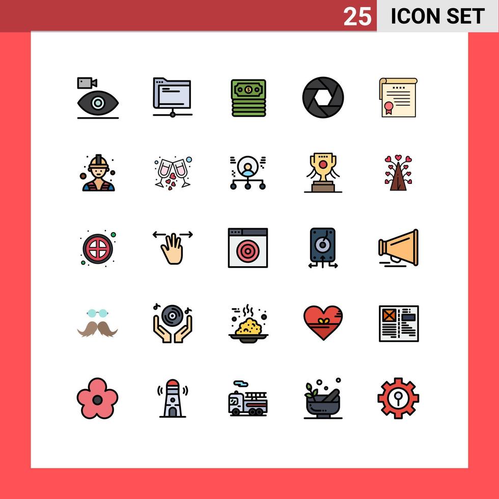 25 interface do usuário linha cheia pacote de cores planas de sinais e símbolos modernos de certificado foco em dinheiro de câmera remota editável elementos de design vetorial vetor