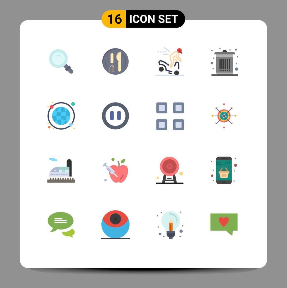 grupo de 16 sinais e símbolos de cores planas para pacote editável de lixeira de acidente de lixo do globo de elementos de design de vetores criativos