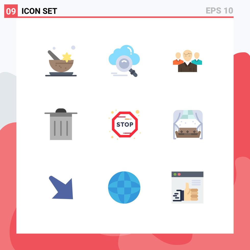Pacote de cores planas de 9 interfaces de usuário de sinais e símbolos modernos de elementos de design de vetores executivos de liderança de acesso de pessoa de lixo