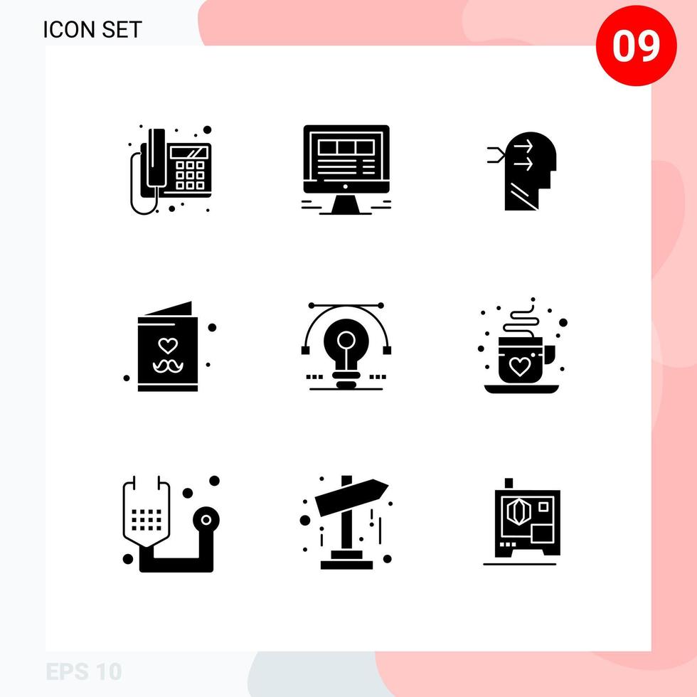 grupo de 9 glifos sólidos modernos definidos para o dia dos pais da lâmpada web pai pensando em elementos de design de vetores editáveis