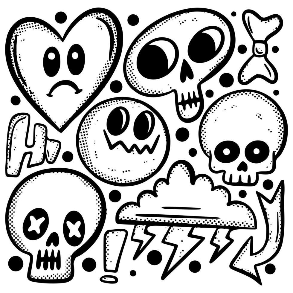 Conjunto doodle desenho mão desenhada halloween preto e branco