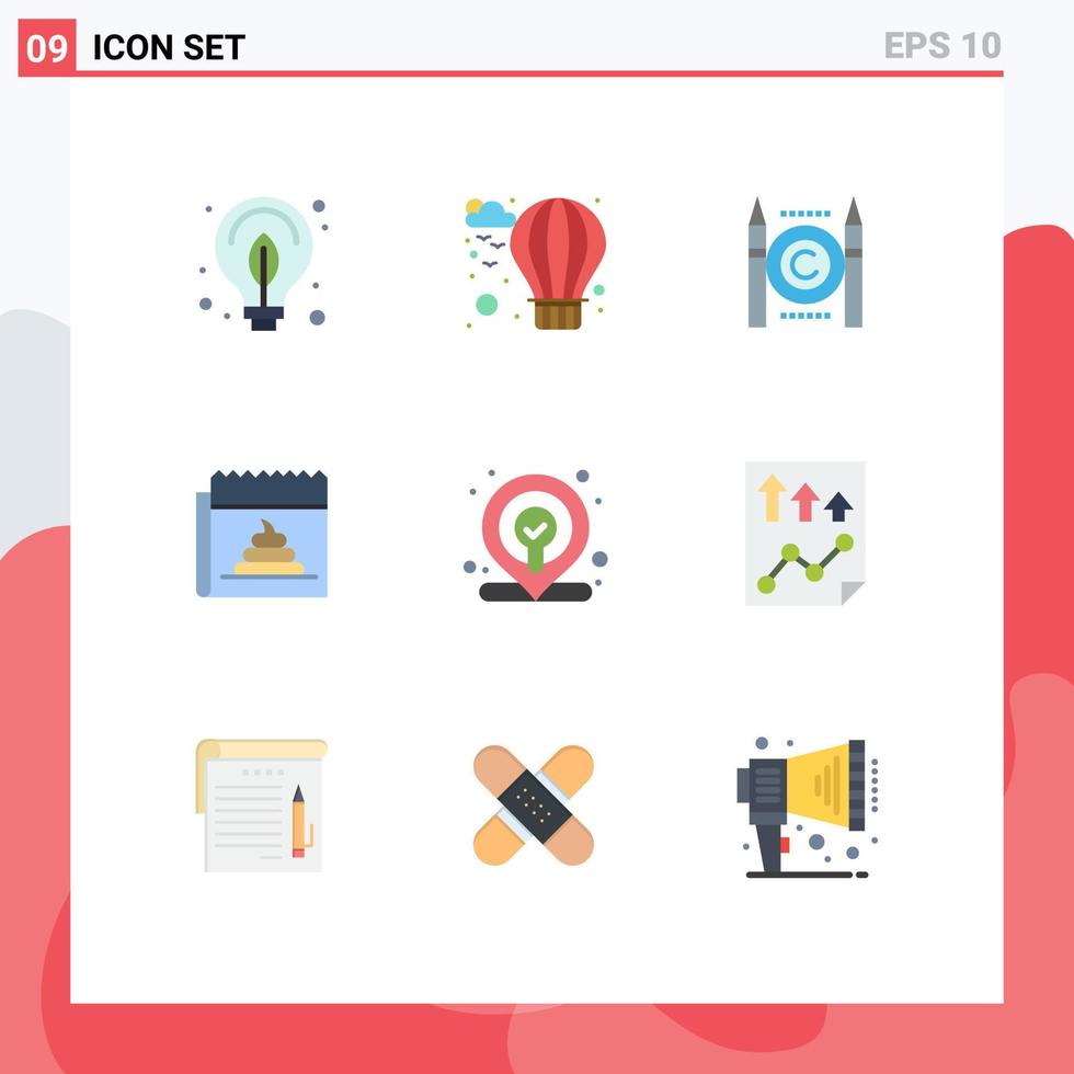 pacote de 9 sinais e símbolos modernos de cores planas para mídia impressa na web, como notícias de localização, conflito, jornalismo, elementos de design de vetores editáveis falsos
