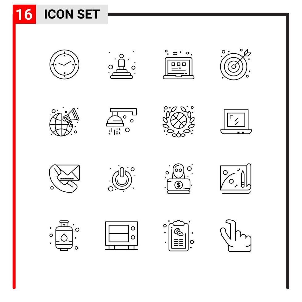 conjunto moderno de pictograma de 16 contornos de elementos de design de vetores editáveis de grade de transmissão de marketing