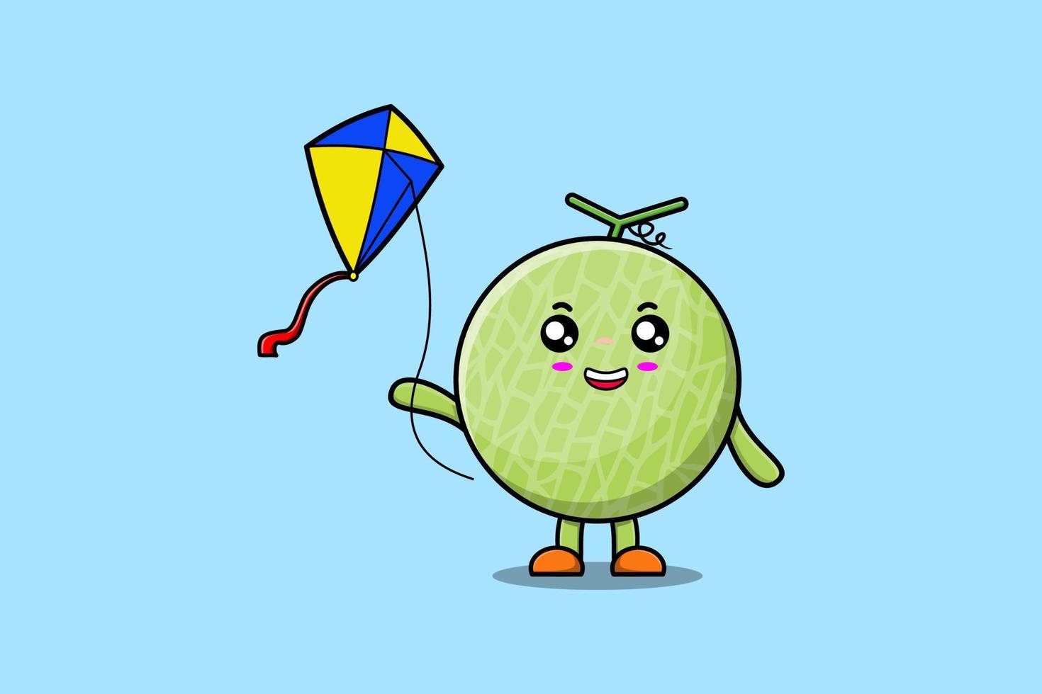 personagem de melão bonito dos desenhos animados jogando pipa voando vetor