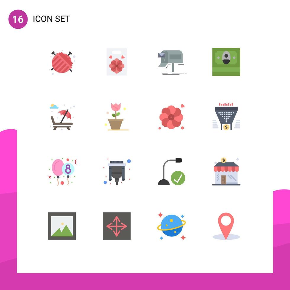 conjunto de cores planas de interface móvel de 16 pictogramas de espreguiçadeira de parque e-mail dinheiro em dinheiro pacote editável de elementos de design de vetores criativos
