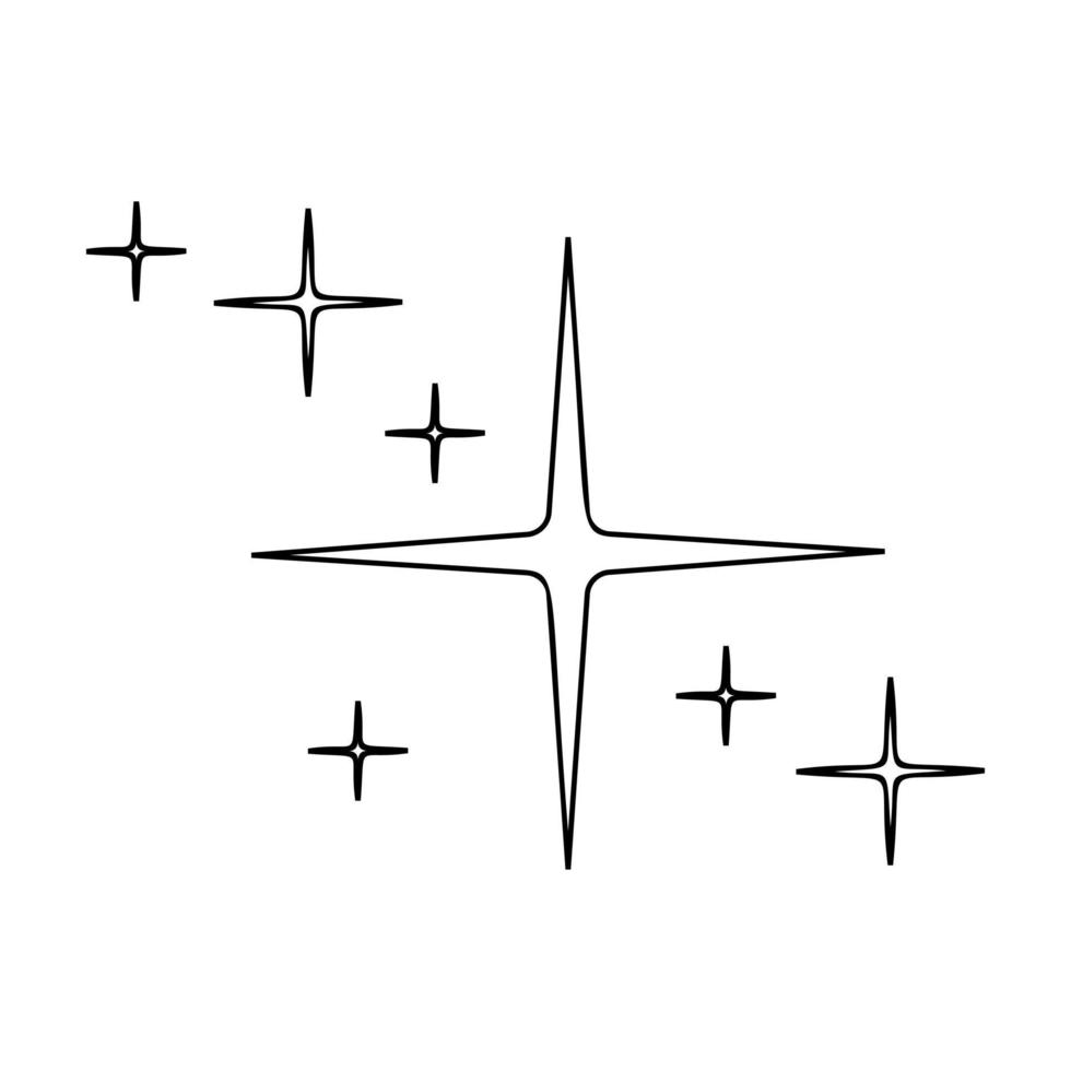 estrelas brilham e piscam ícones de contorno isolados no fundo branco. flash brilhante, brilho brilhante, símbolos de fogos de artifício. partículas de raios estreladas vetor