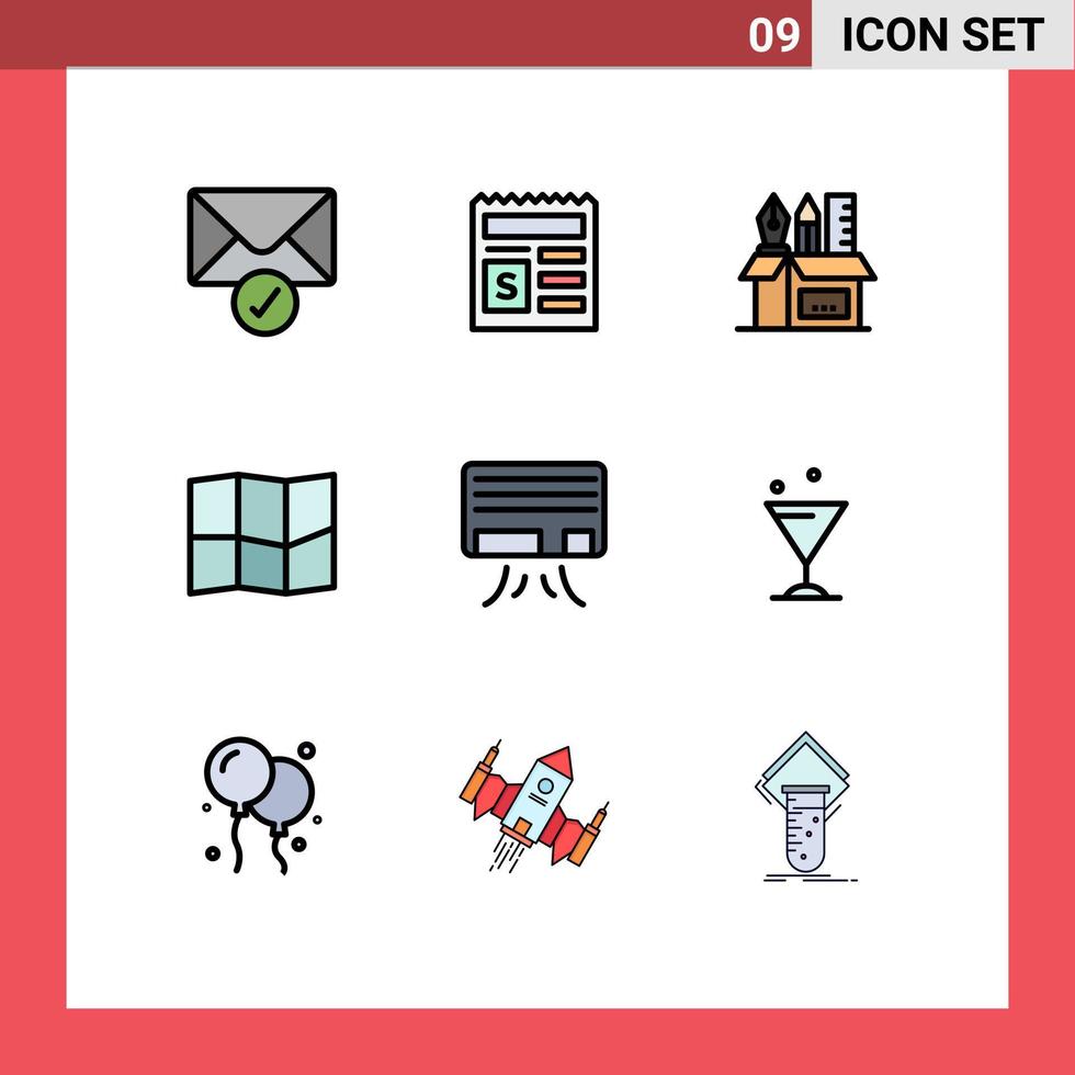 conjunto de pictogramas de 9 cores planas de linha preenchida simples de caneta de ar de vidro ac localização elementos de design de vetores editáveis